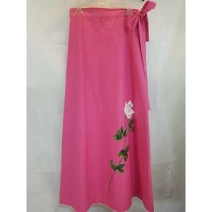 Vintage Wrap Skirt Hand Painted Pink Flowers Retro Rose Polka Dot Lined Long